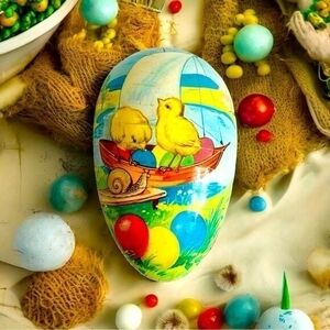 Vintage Large Paper Mache Easter Egg Candy Container West Germany Chickens Boat